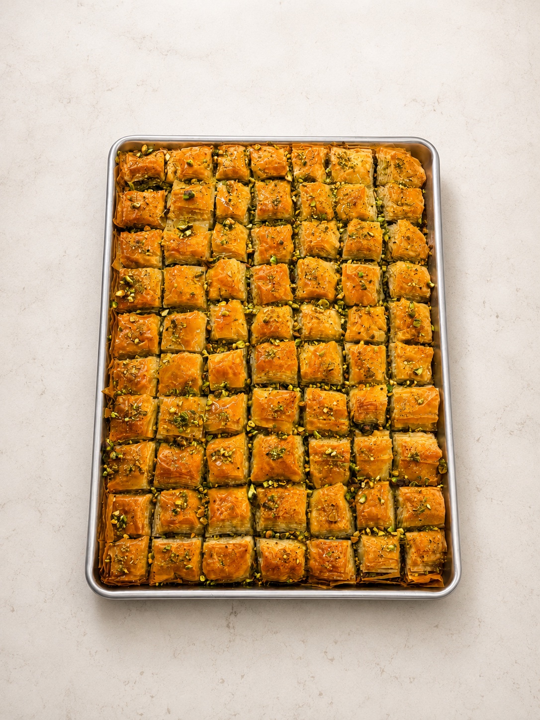 A full tray of handmade pistachio baklava